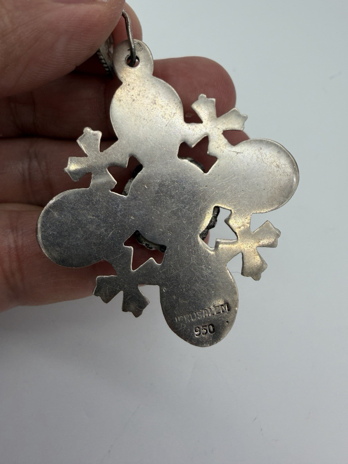 Vintage Ornate 950 Silver Jerusalem Cross 2.5”Pendant 33g Blue Onyx /cabochon