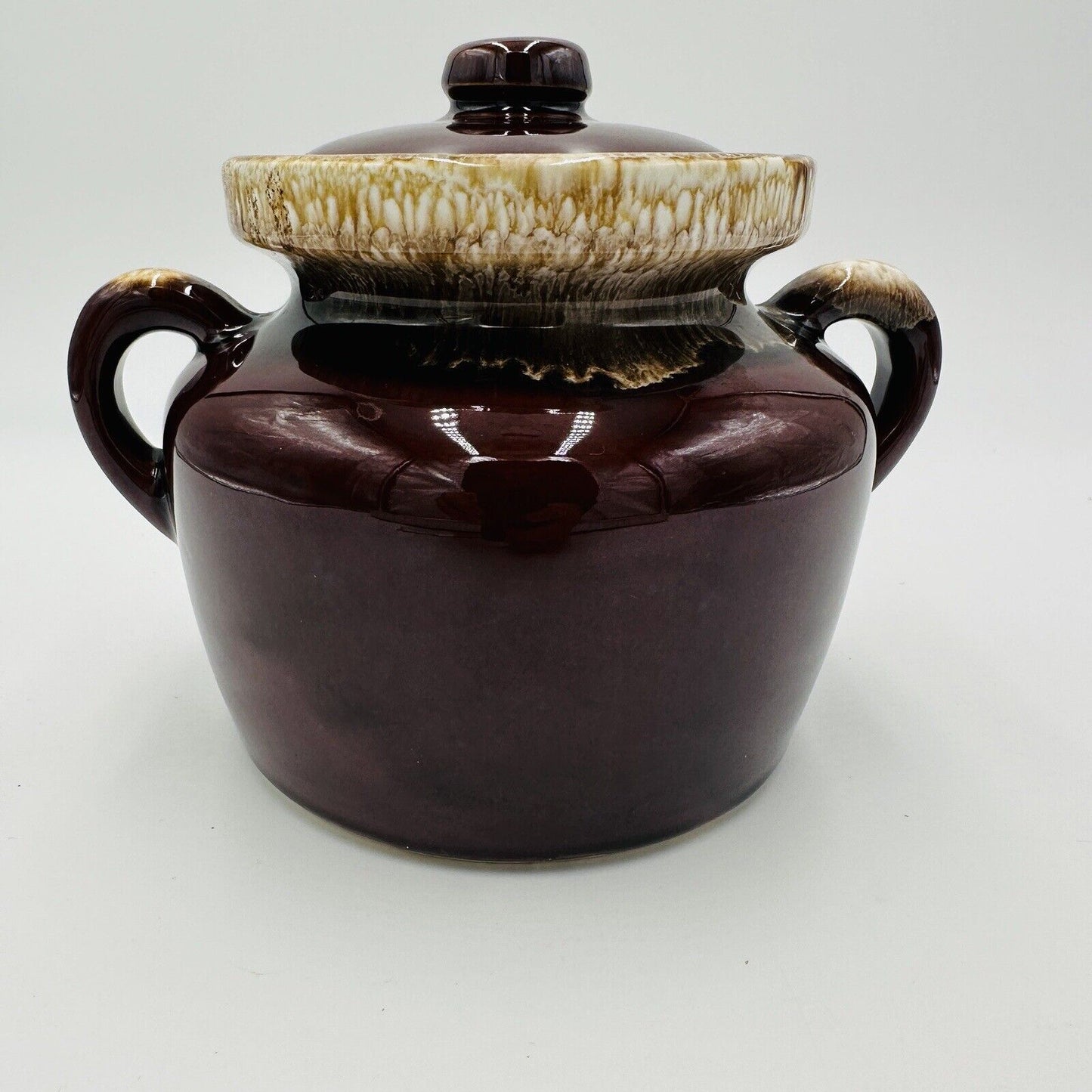 McCoy Pottery Bean Pot Brown Drip Glaze Lidded Handled #341 Vintage USA