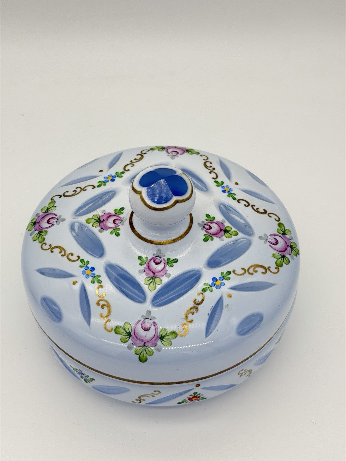 Czech Bohemian Baby Blue Cased to Blue Art Glass Lidded Candy Dish Large 6”x5”