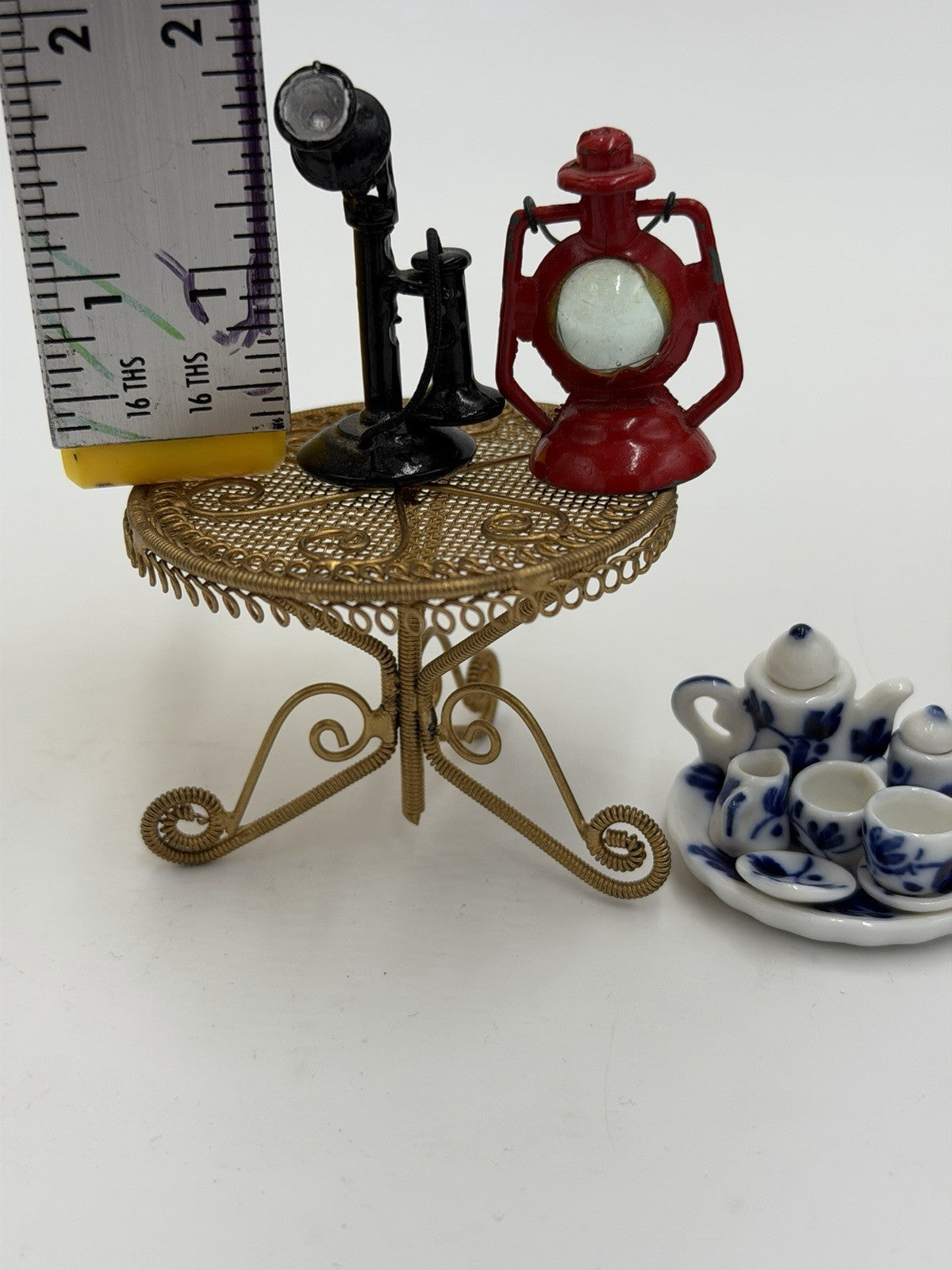 Vintage Dollhouse Furniture Miniature Lot Drawer Bible Clock Tea Set Table