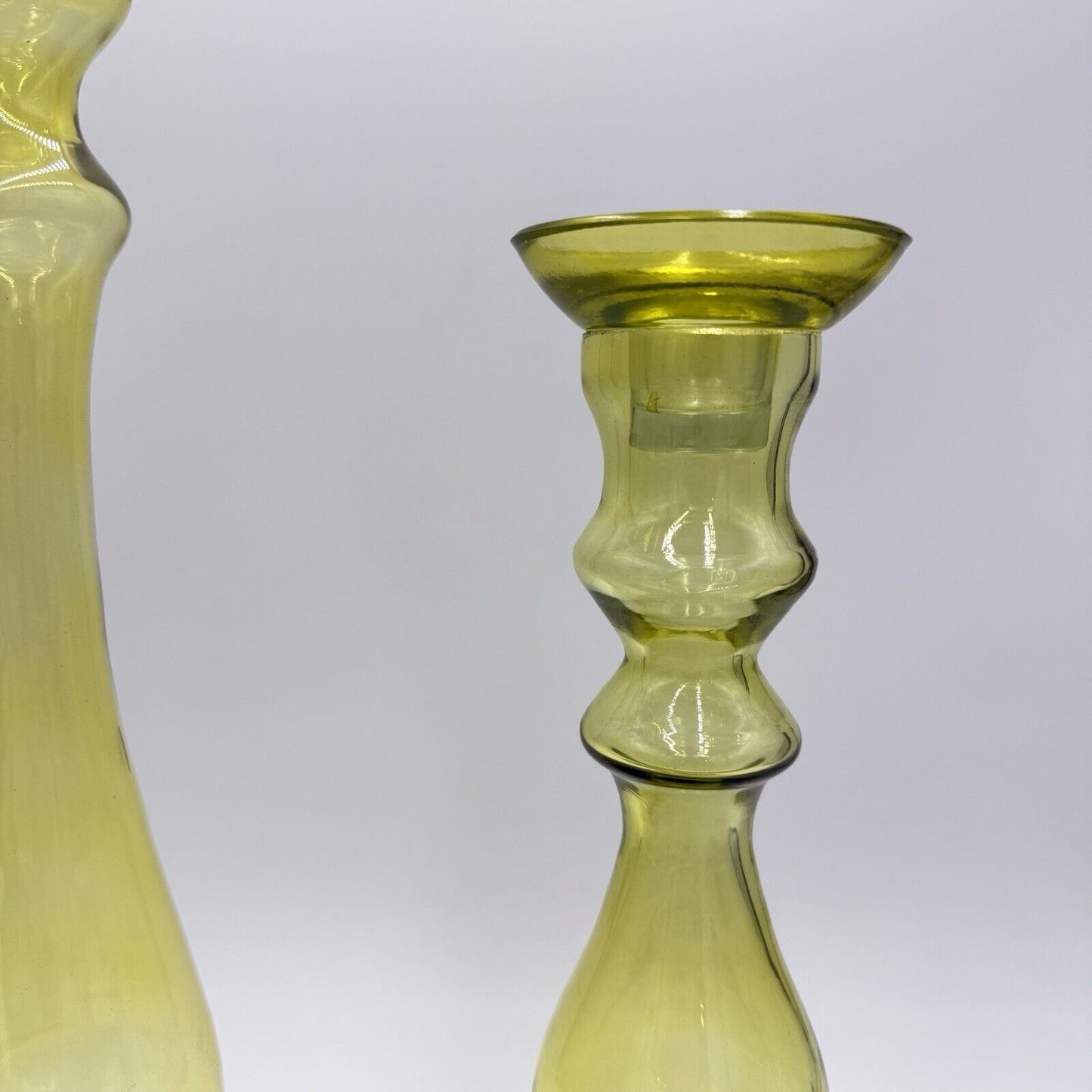 MCM Yellow Art Glass Candle holders By Lazy Susan Square Base Round Top 2