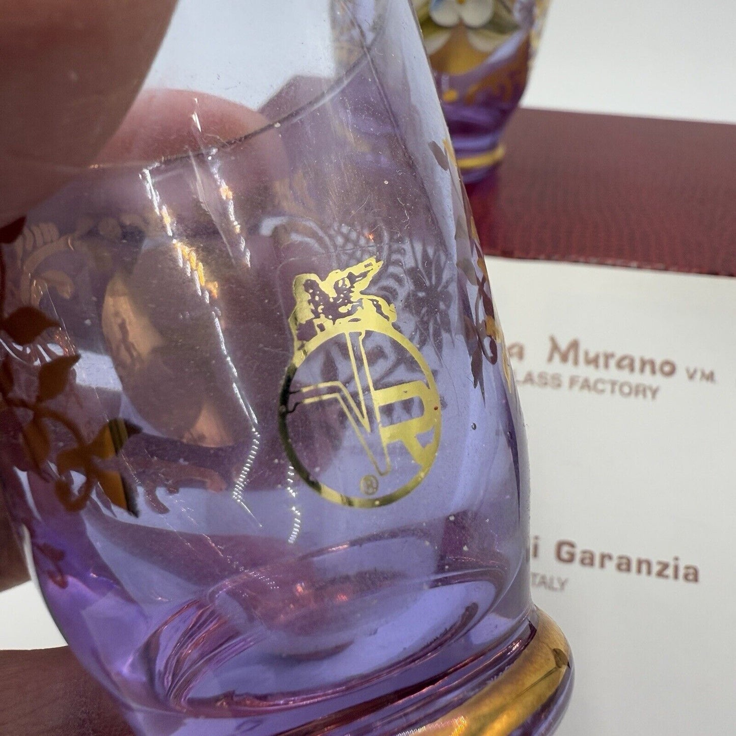 Murano Art Glass Vecchia Italy Lavender Shots Pair Glasses Set 2 Box /COA Vintag