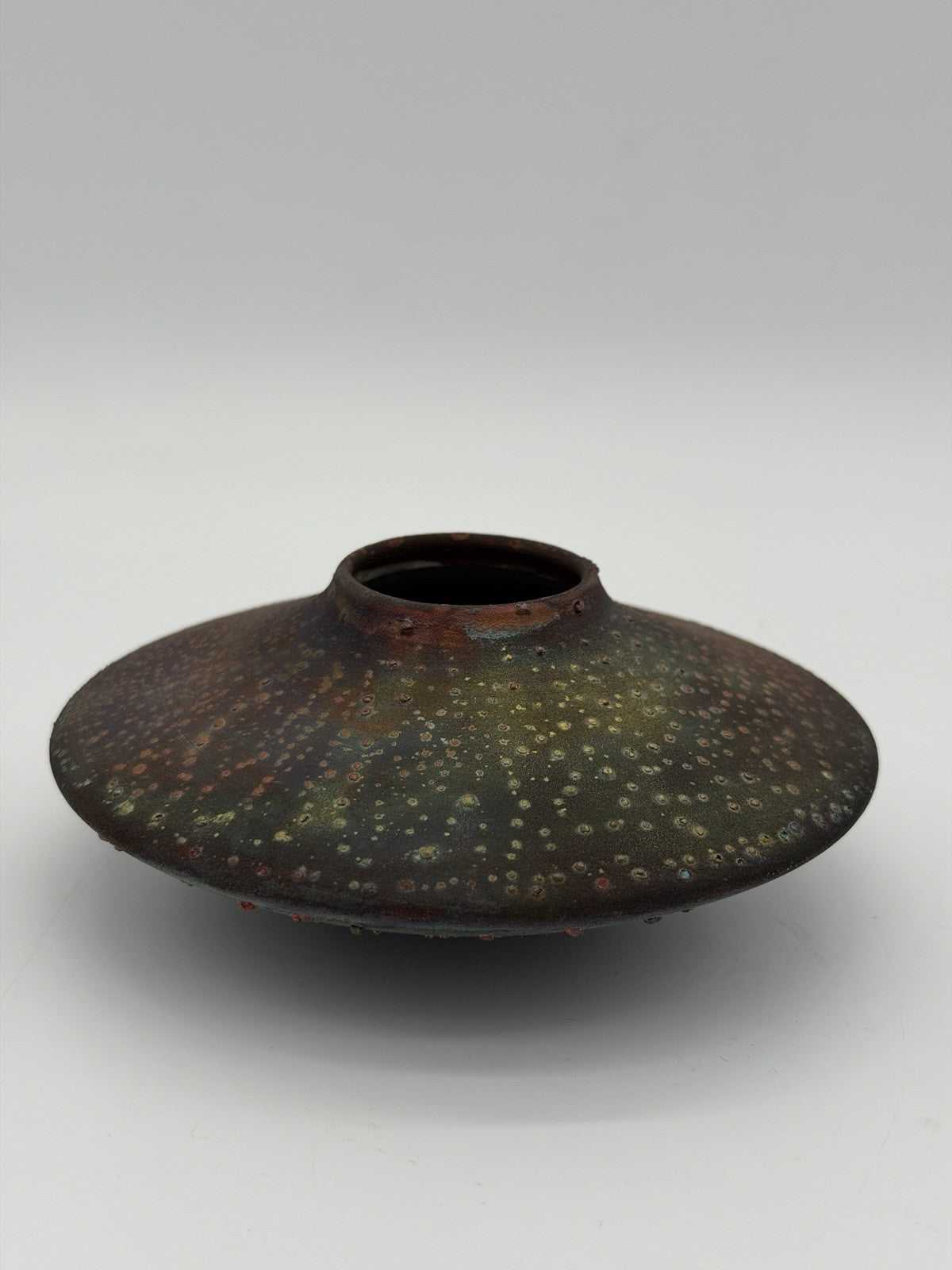 Rare Norman Bacon Raku Glazed Squat Form Studio Art Pottery 2”x5” Vase Signed