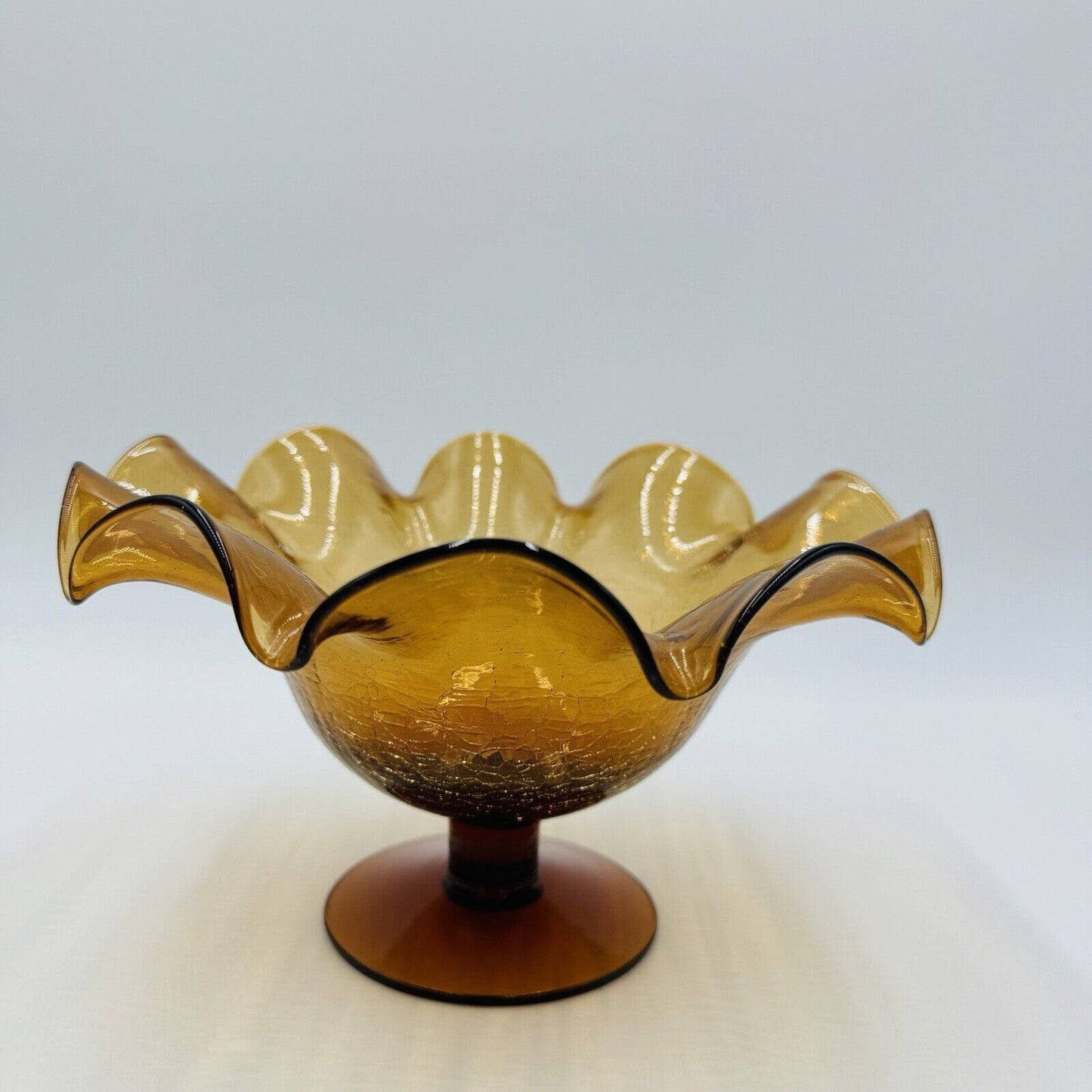 Blenko Art Glass  Amberina Footed Vase Ruffled Crackled Compote 5.5”H x 9”