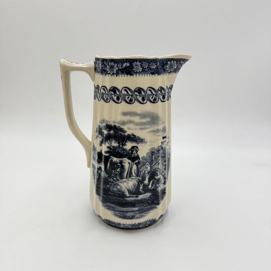 Antique Victoria Ware Ironstone Blue & White Farmhouse Pitcher Porcelain 8”