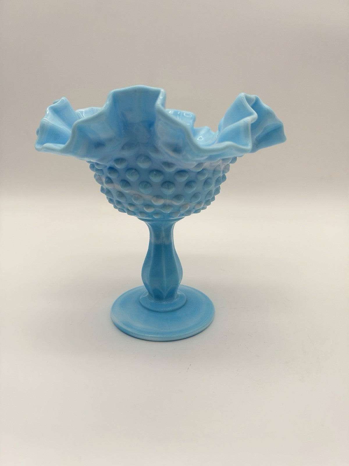 Fenton Blue White Slag Glass Hobnail Pedestal Compote Vtg Ruffled Edge 5.5”x6”