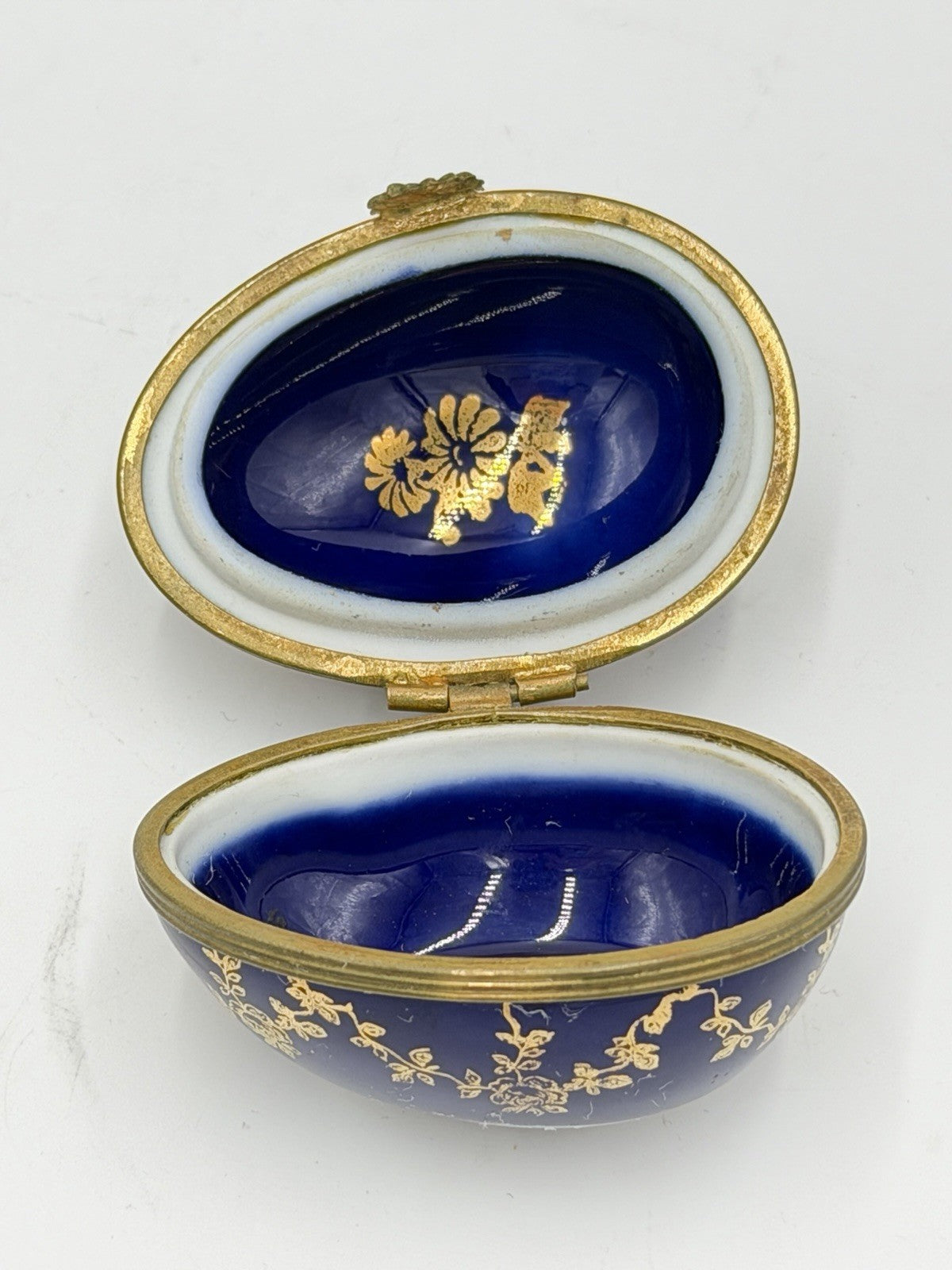 Limoges France Cobalt Blue Gold Courting Couple Porcelain Egg Trinket Box