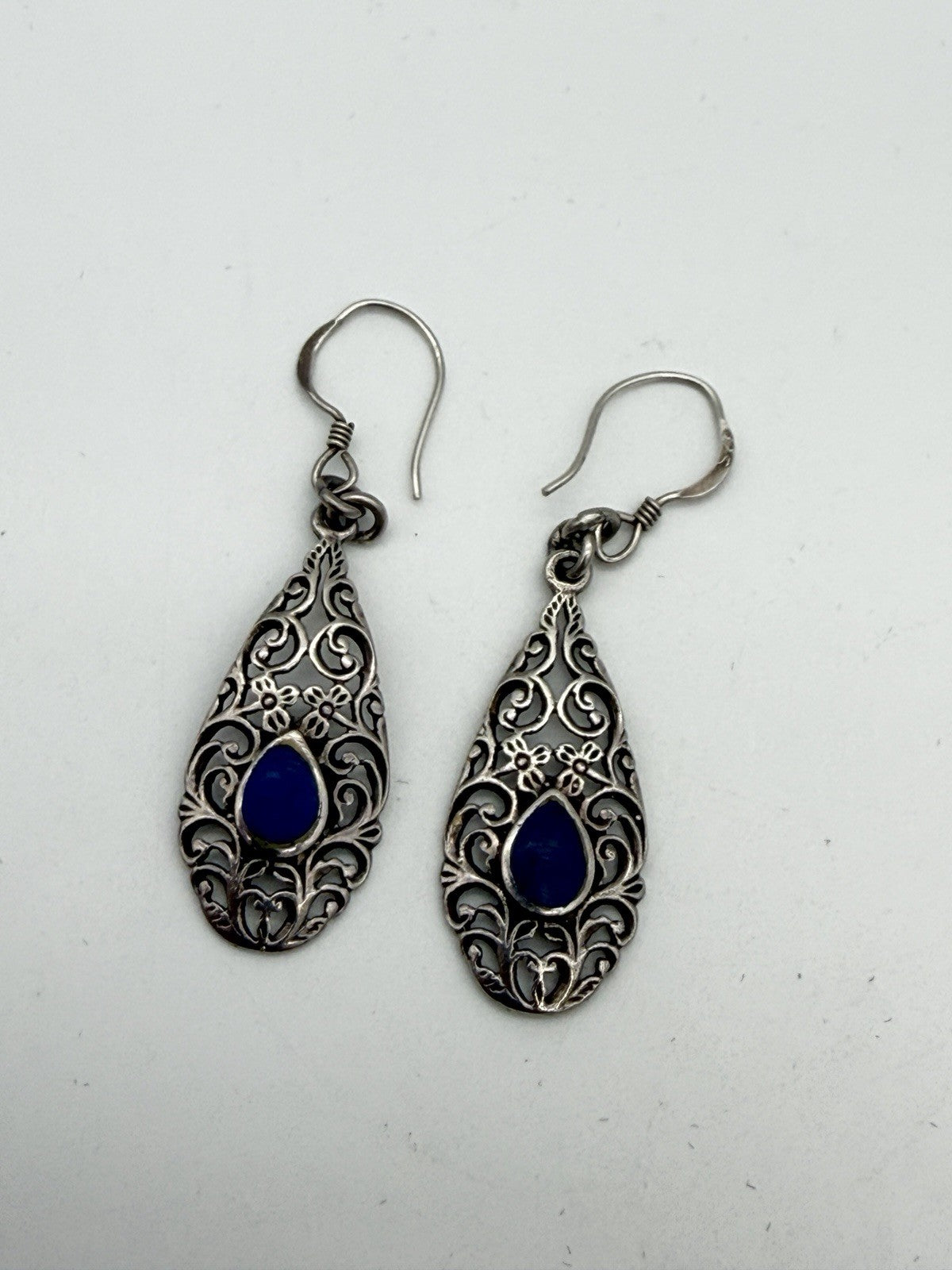 Sterling Silver Filigree with Blue Accent Stone Dangle Earrings