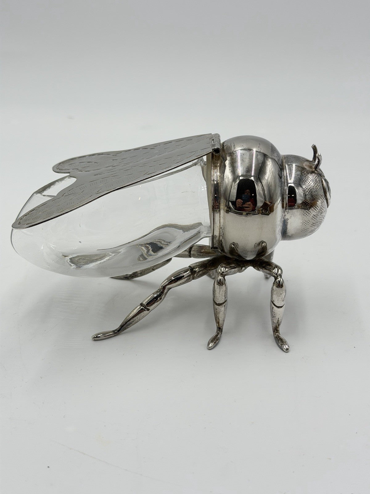 Antique Silver Plate & Glass Honey Bee Honey Pot Unmarked 6" Long x 3" Tall