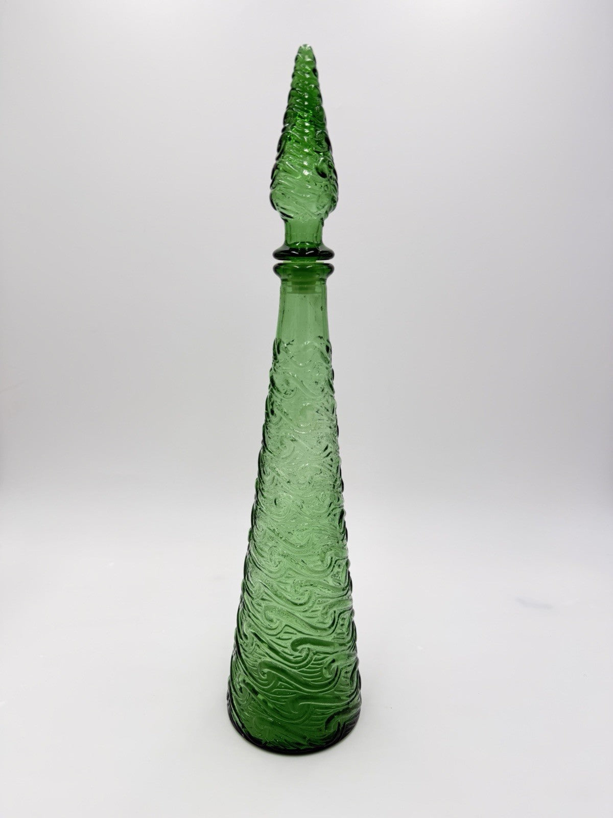 MCM Empoli Art Glass Green Wave Genie Bottle Decanter Hobnail Stopper Italy