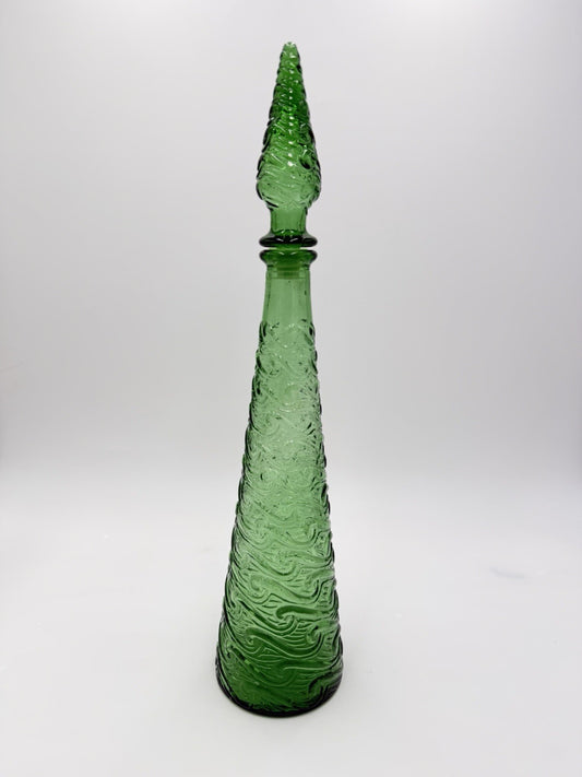 MCM Empoli Art Glass Green Wave Genie Bottle Decanter Hobnail Stopper Italy