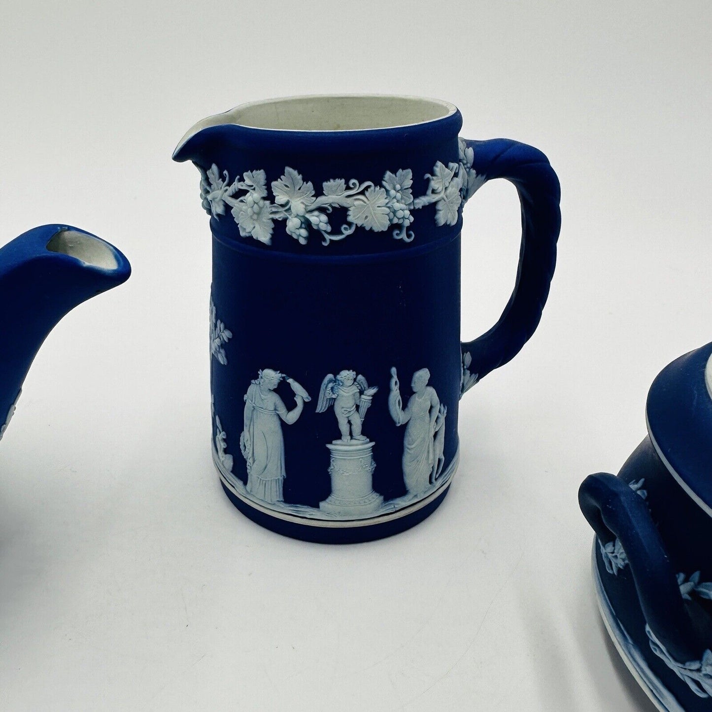 Wedgwood Teapot Sugar Bowl Pitcher Dipped Cobalt Blue #43 Set Jasperware