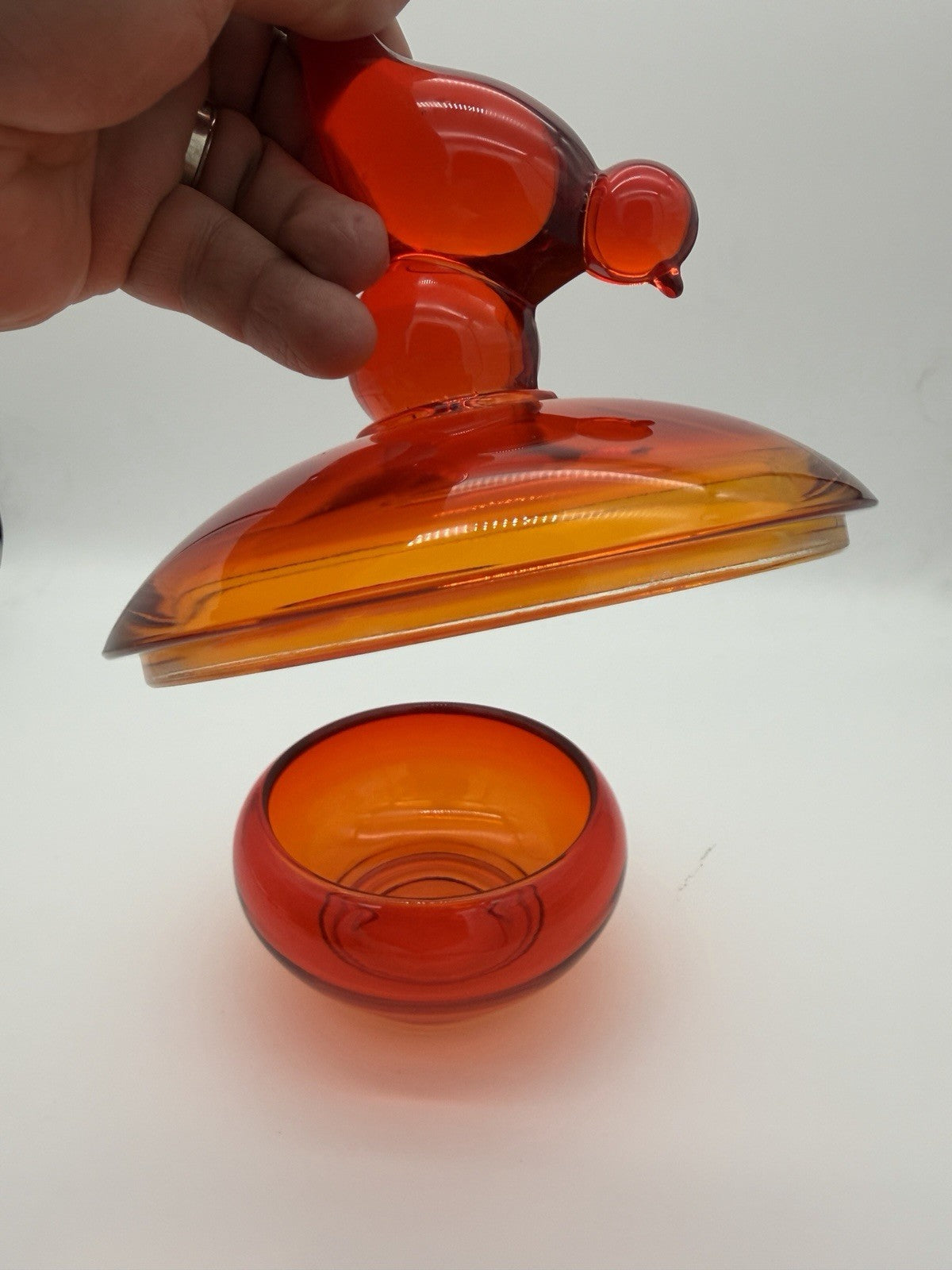 Viking Epic Glass Orange Long Tail Bird Covered Dish Bowl 11”H Large MCM