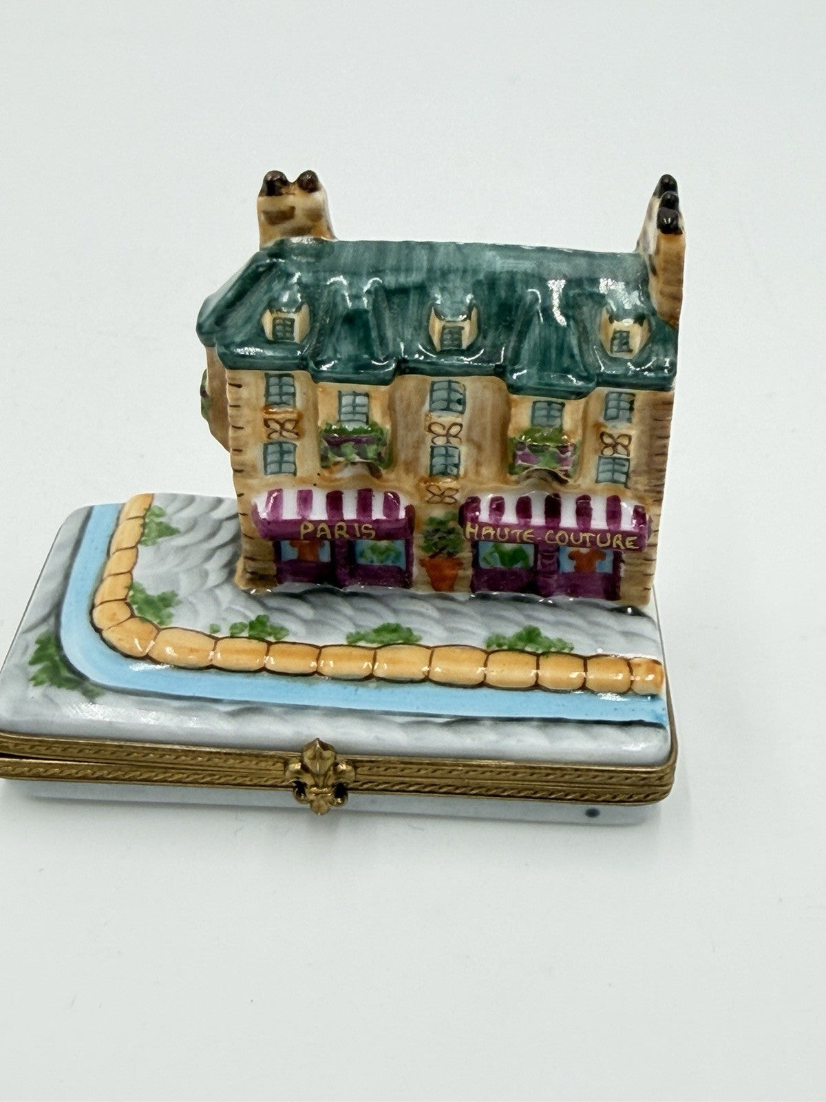 Limoges Porcelain Trinket Box Signed France Paris Street with Shops & Apartments
