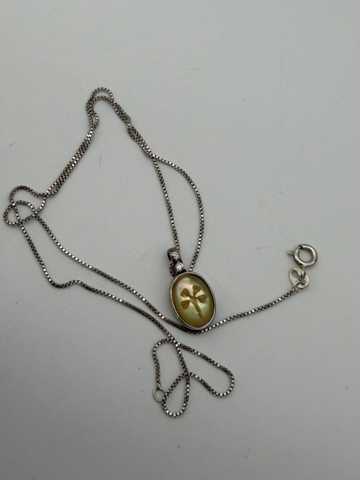 sterling silver four leaf clover pendant necklace Vintage Irish Oval 18”