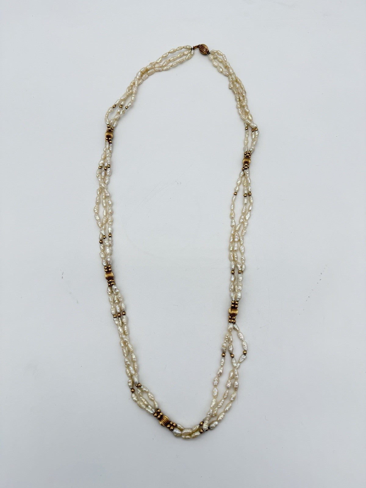 14K Yellow Gold Ribbed Beaded Freshwater Pearl Necklace Triple Strand 31”