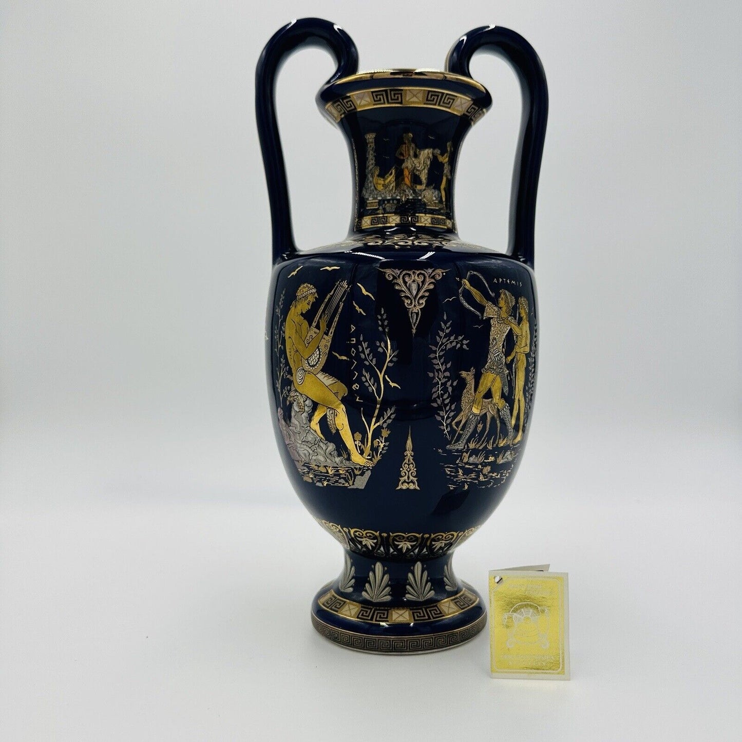 Cobalt Vase Art Pottery Amphora Daphne Artemis Apollo & Auletris Ancient Greek