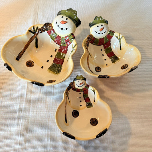 Dario Farrucci Serving Bowl Hand Painted 9" Snowman Family 3 Nesting Holiday Dec