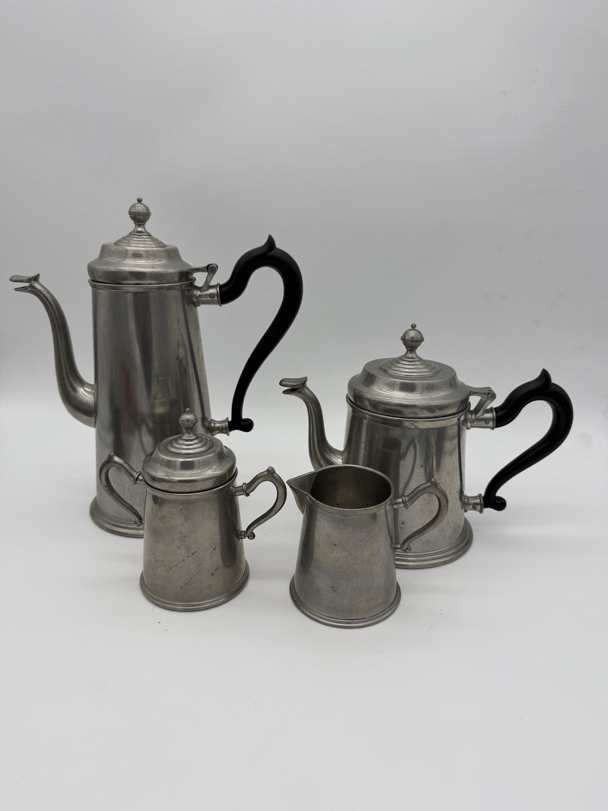 ROYAL HOLLAND Pewter Colonial Black Handle Coffee & Tea Set 4 PCs Daalderop Vtg