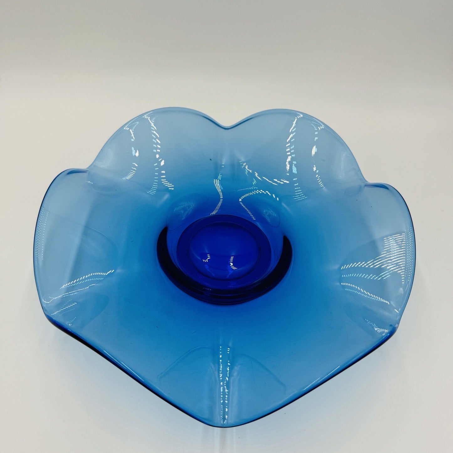 Viking Art Glass Bluenique Blue Ruffled 6 Petals Bowl 3in x 12in Rare MCM