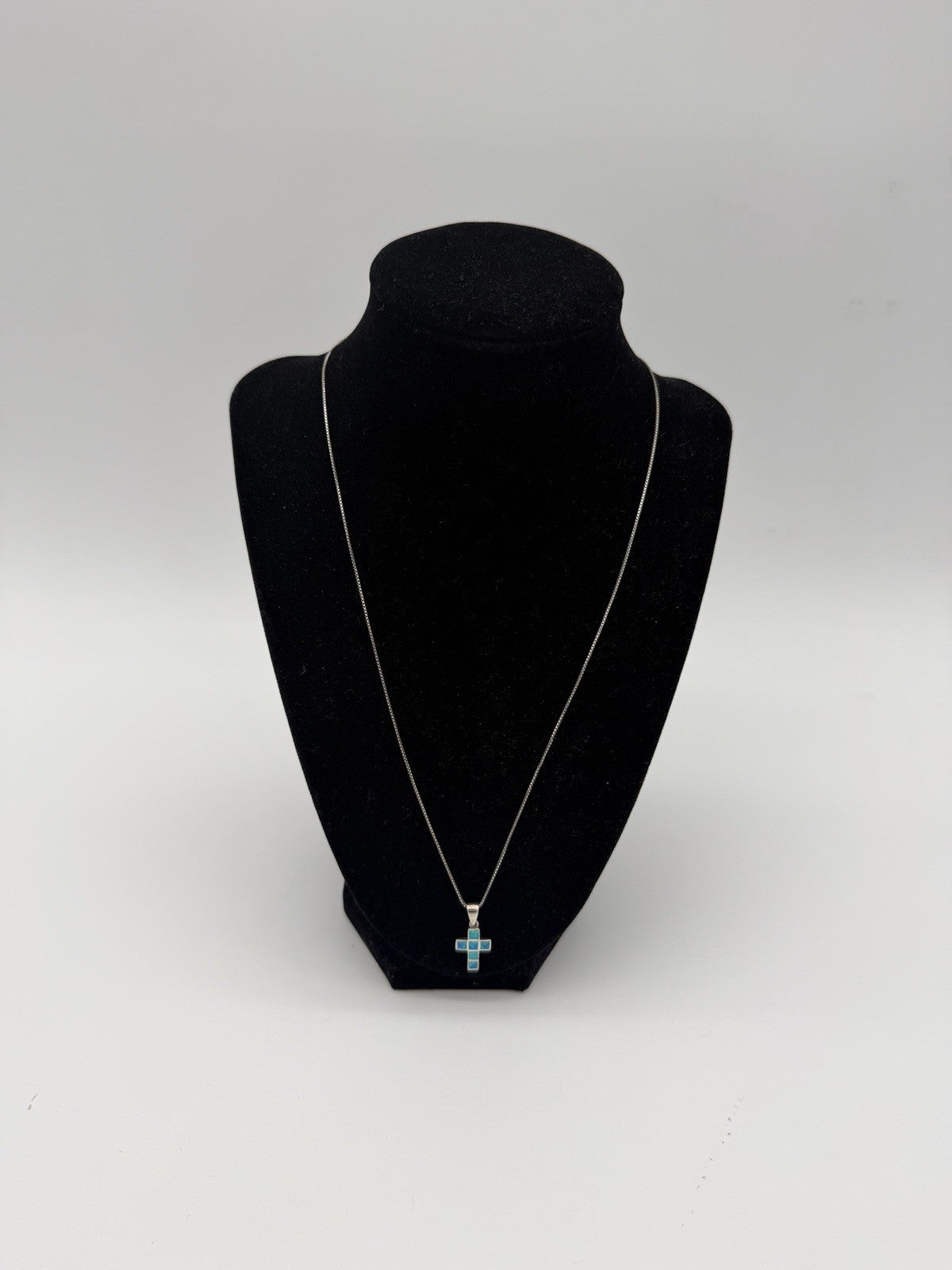 Sterling Silver 925 Sparkly Blue Fire Opal Small Cross Pendant & Necklace 21”