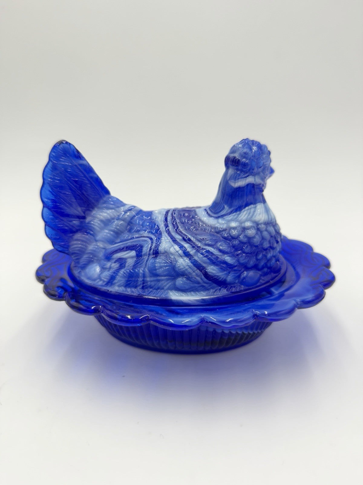 Mosser Art Glass Swirl Hen On Nest 6.5" Cobalt Blue & White Slag Covered Dish