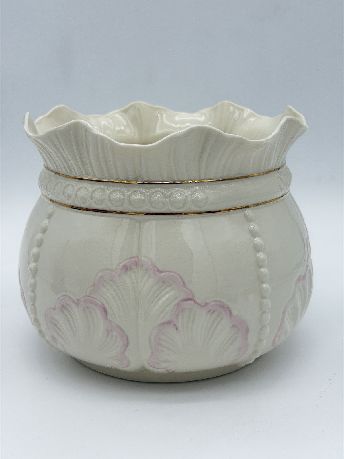 Belleek Ireland Porcelain Rosemore Pink Shell Gold Trim 6" Planter/Bowl Large