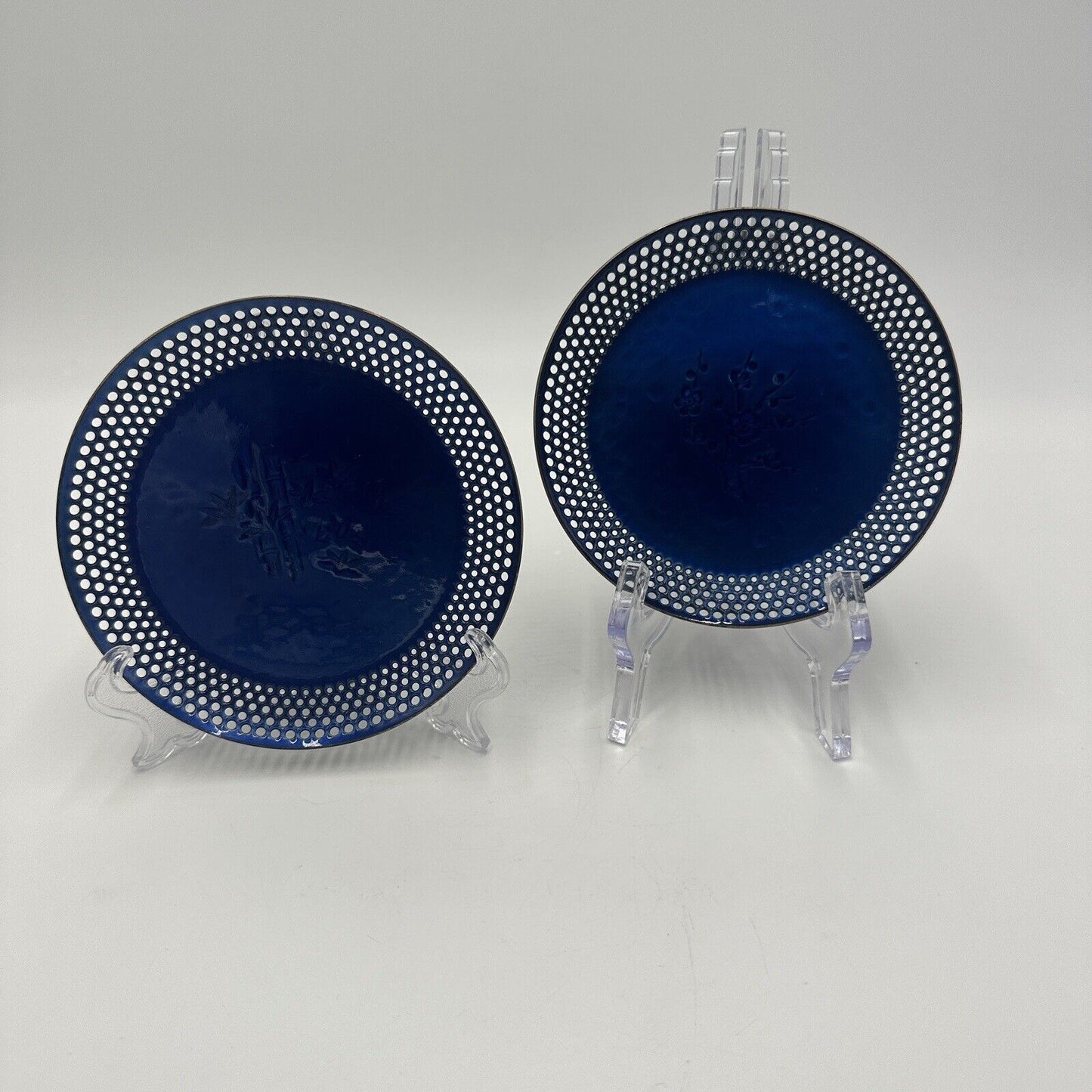 Ando Cloisonné 2 Plates Cobalt Blue Enamel Open Work Rims Japan Small Vintage