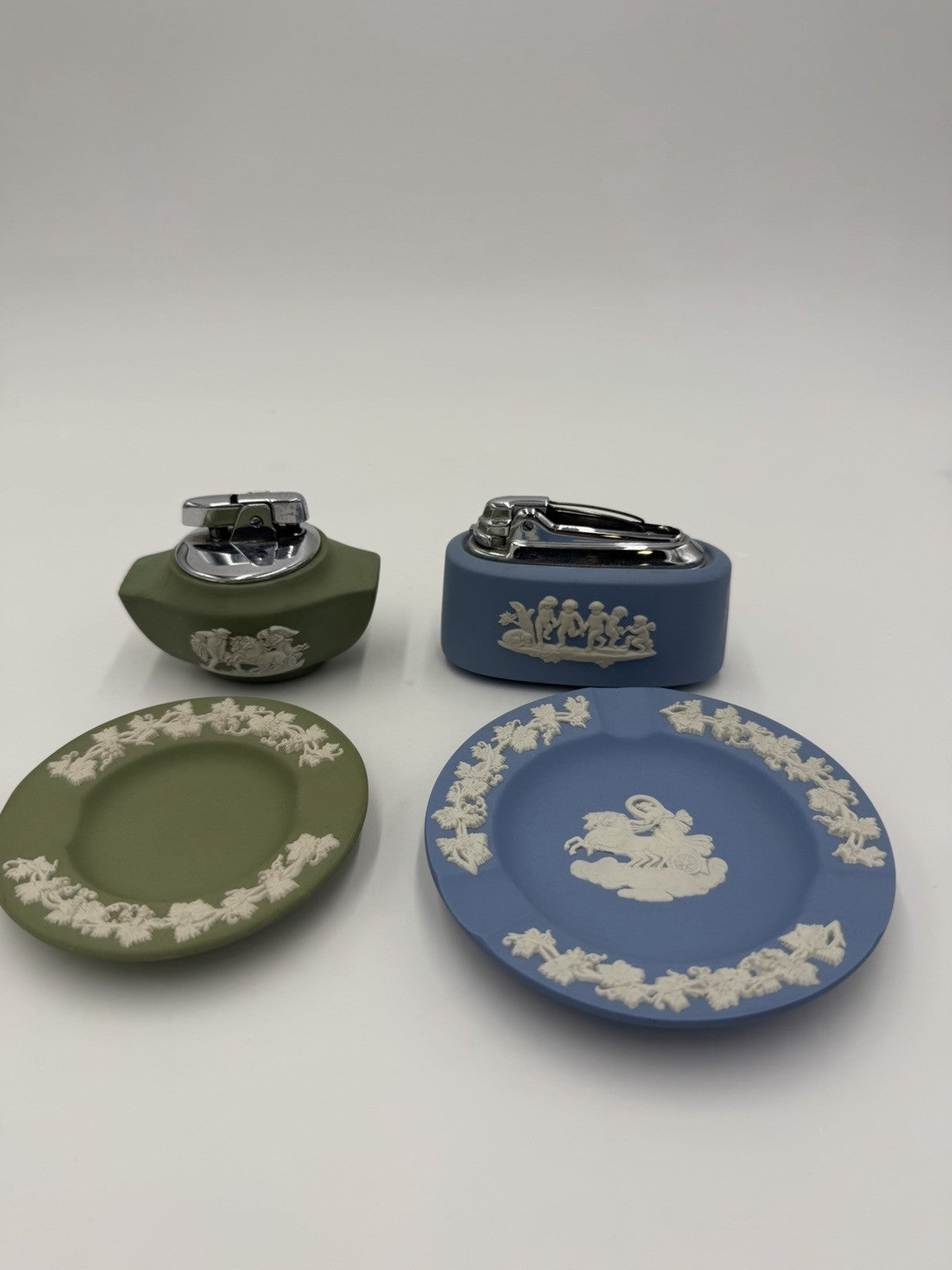Wedgwood Jasperware Green &blue Lighters Ashtray Set 4 PCs England Porcelain
