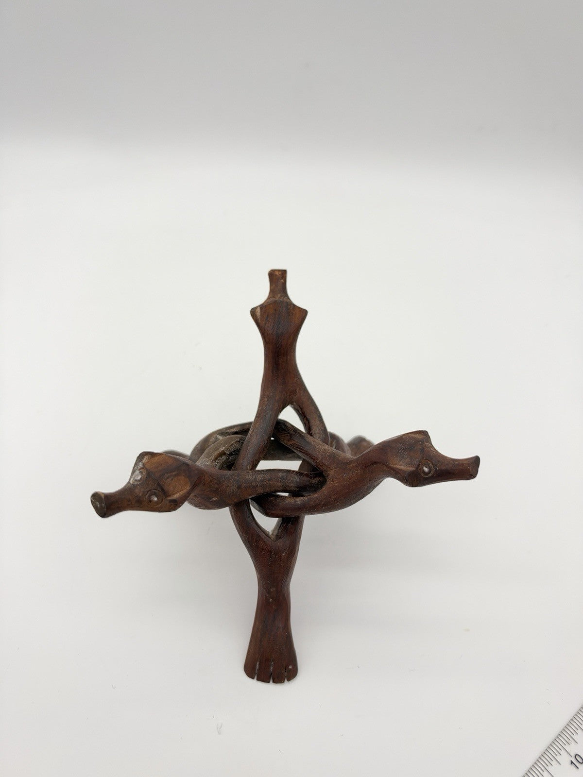 20th Century Boho Chic Hand Carved Wood Bowl Stand Snake Head 5”H