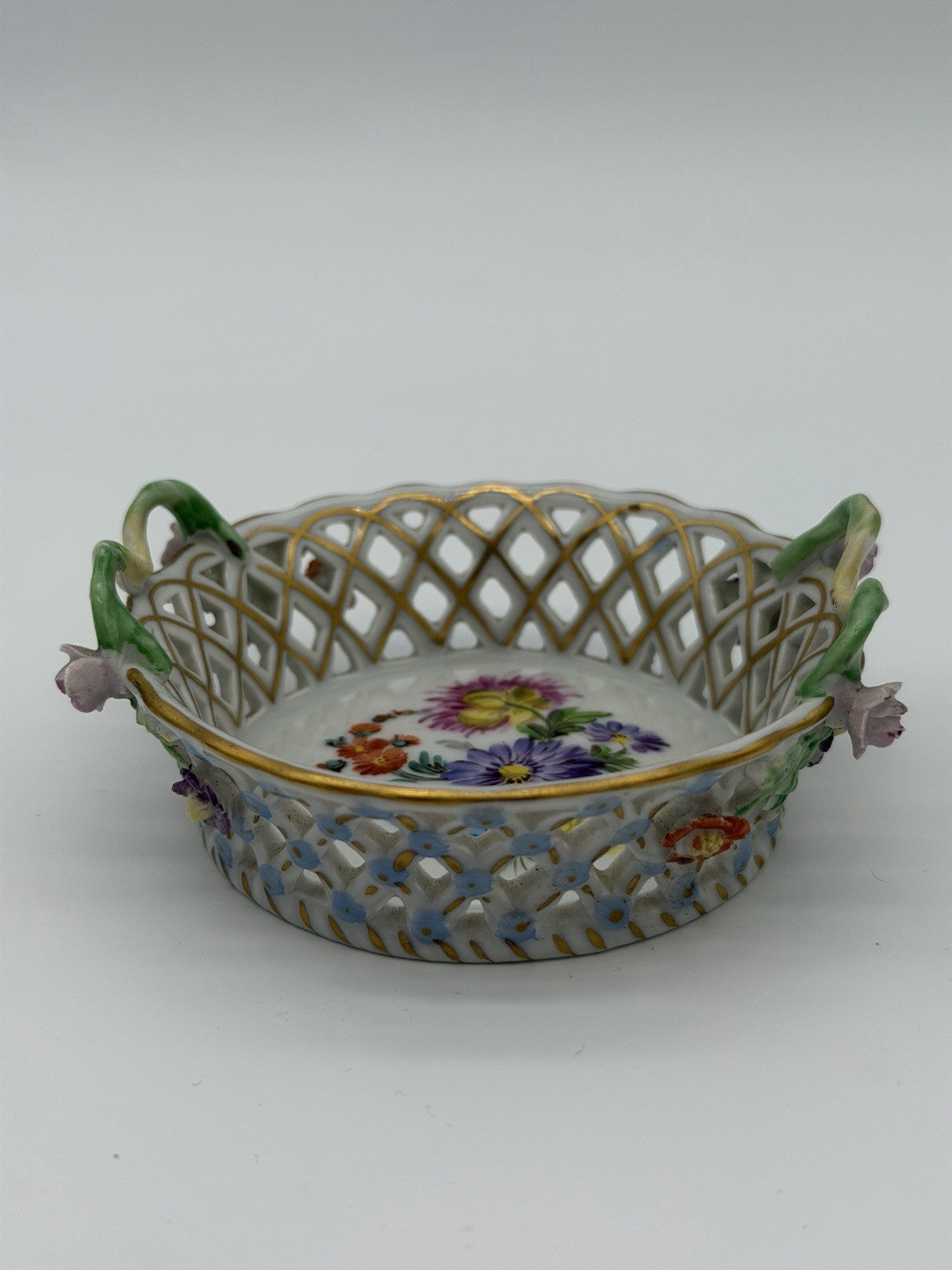 Antique Dresden Carl Thieme Pierced Reticulated Porcelain Floral Basket Dish Min