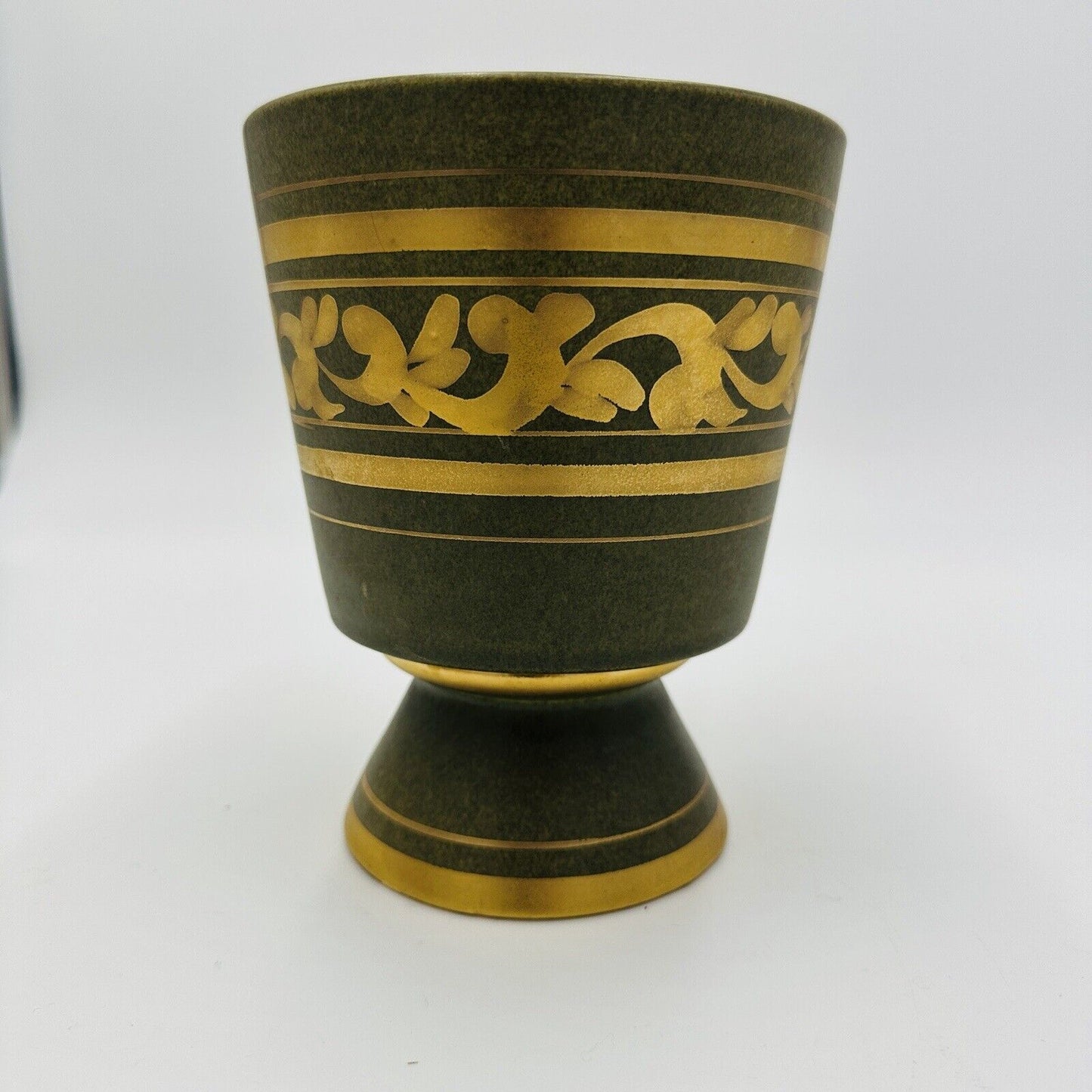 Vee Jackson Vase California Pottery Footed Planter Green Gold Trim MCM