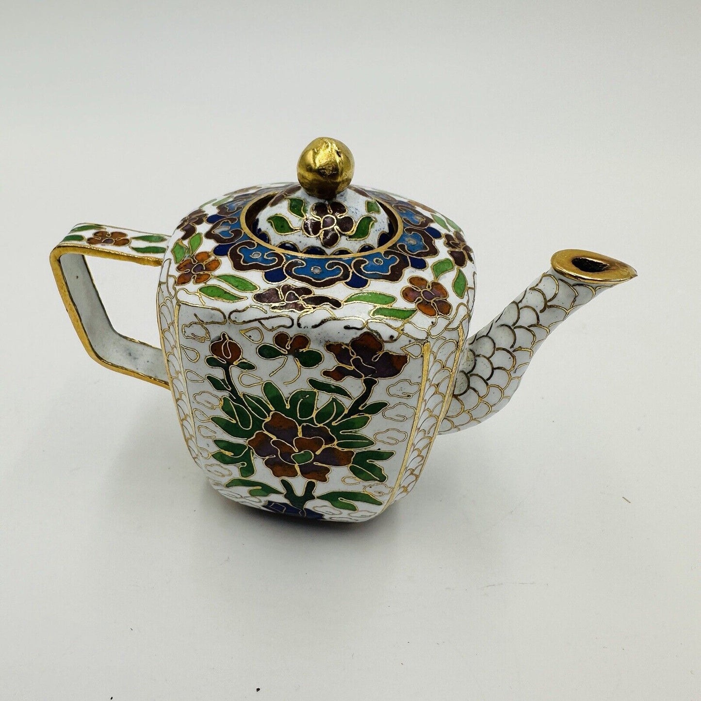 Cloisonné Teapot Miniature Chinese Flowers Floral 3in Detail Antique Home Decor