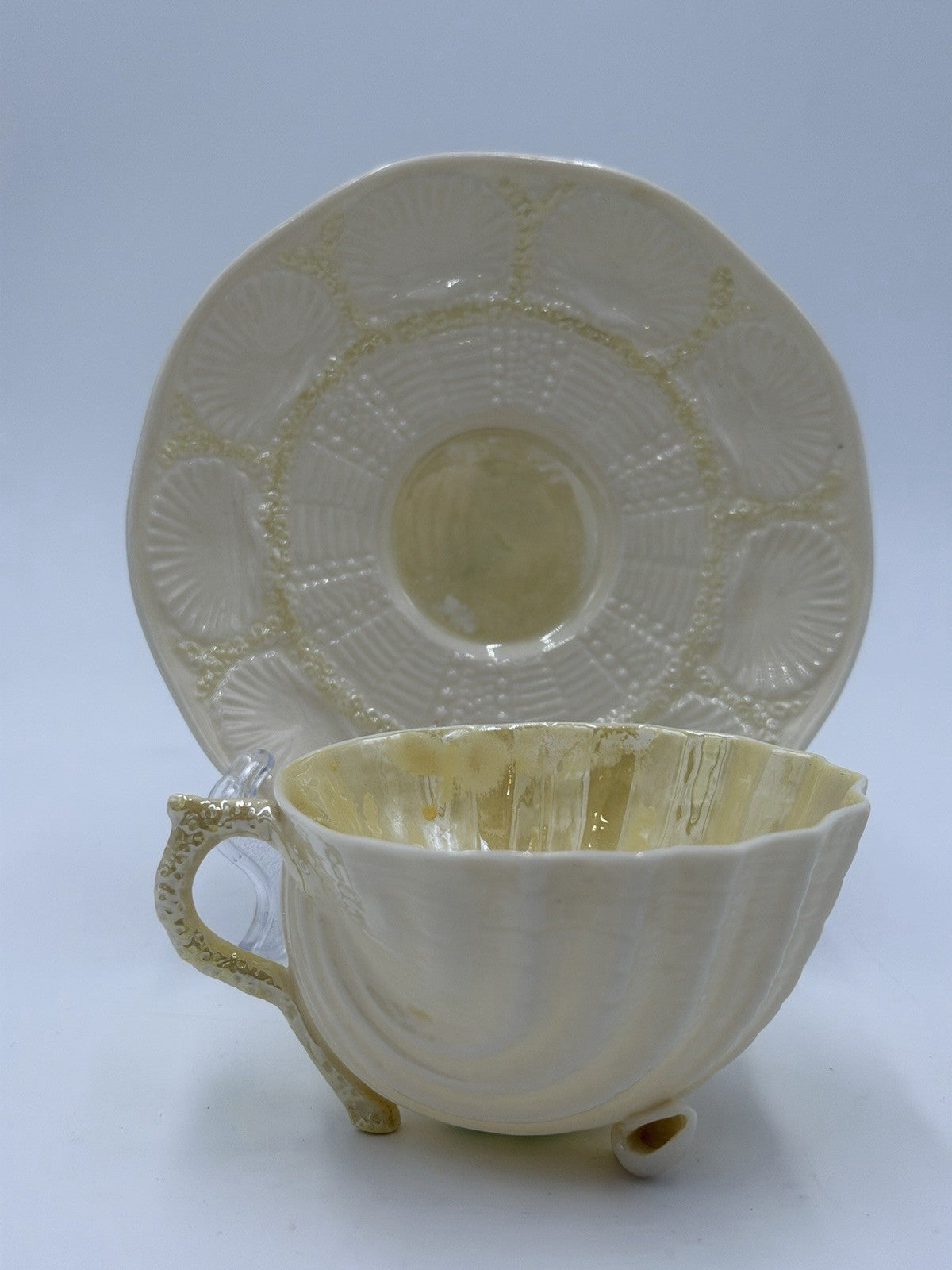Belleek Neptune Yellow Seashell Footed Demitasse Tea Cup & Saucer Green Mark