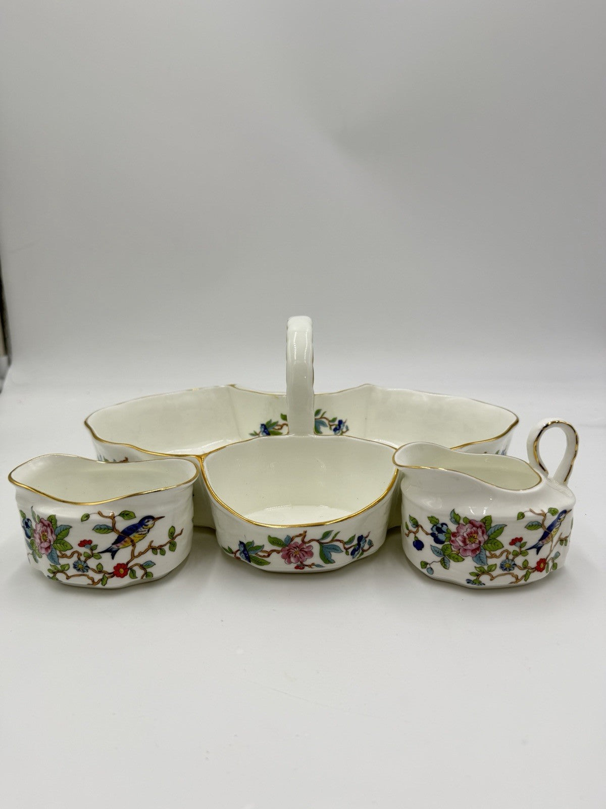Vintage Aynsley PEMBROKE Tea Tray Strawberry Basket with Sugar & Creamer Set
