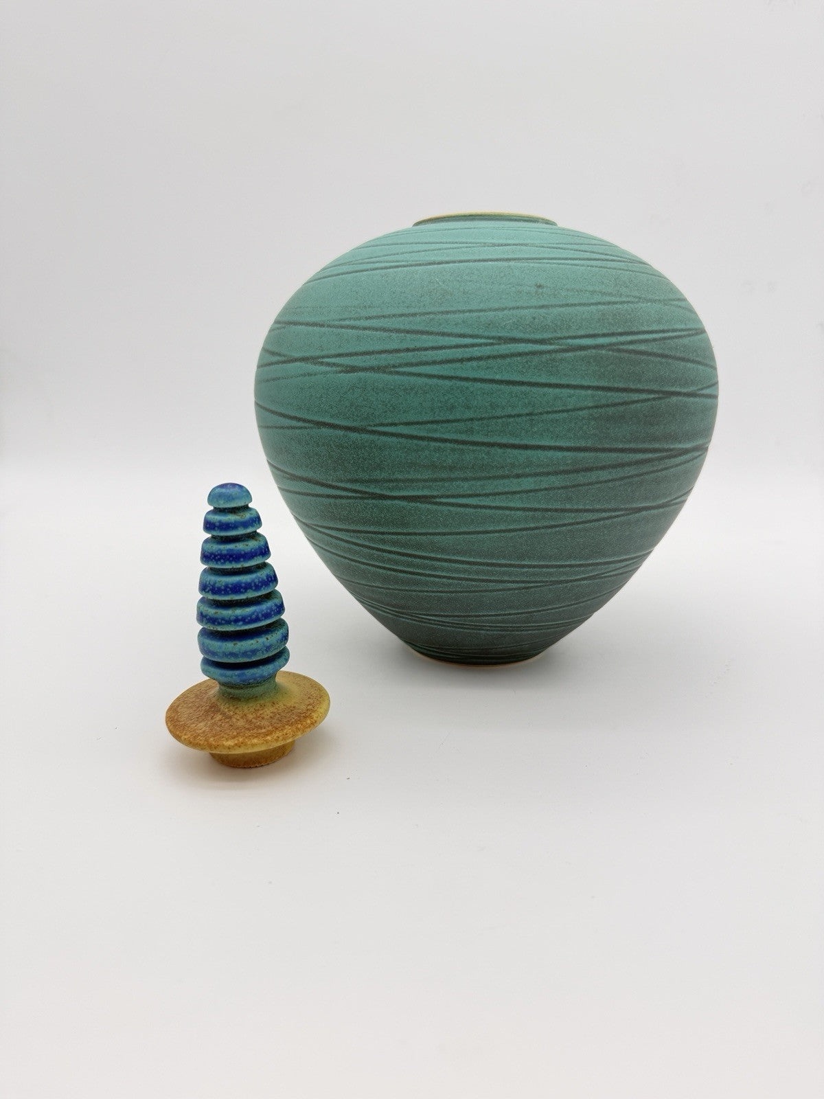 vintage Marali Blalu studio art pottery turquoise W/stopper Urn Genie Vase