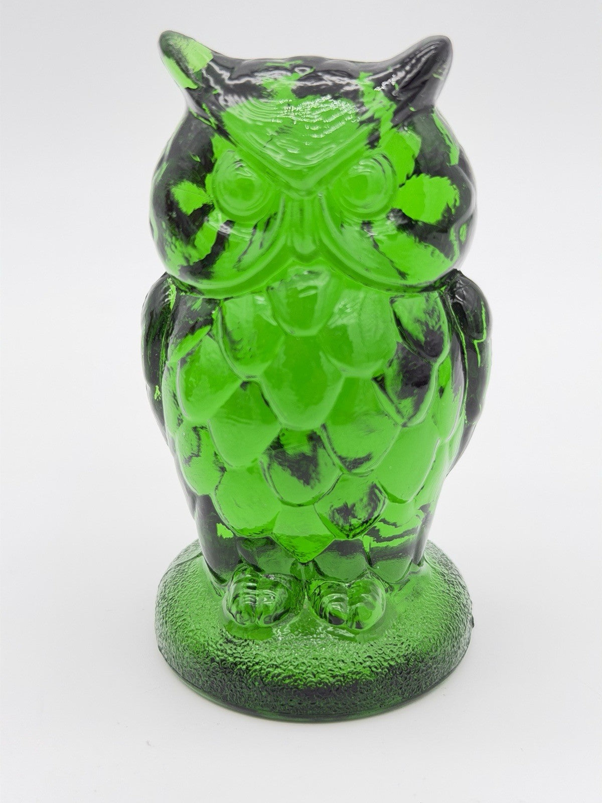 Mosser Art Glass Green Emerald Owl Figurine 3.5”H Etched Vintage Rare