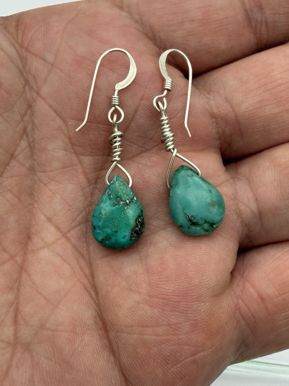 Native Blue Turquoise Nugget Sterling Silver Beads Earrings 1" Women Jewelry