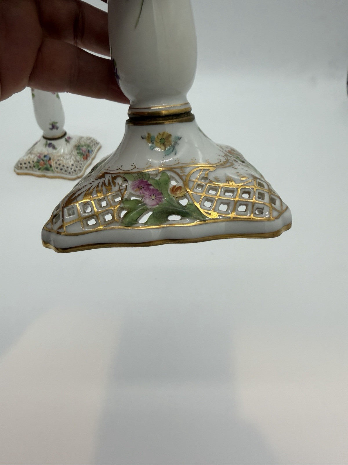 Antique  Dresden Porcelain Carl Thieme Saxony Reticulated 10" Candlestick Floral