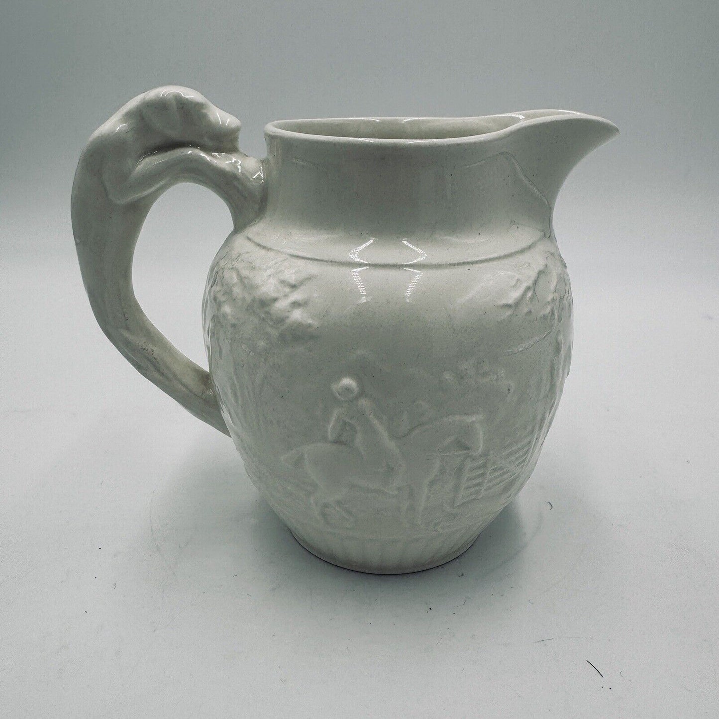 Wedgwood Etruria 4.5” Pitcher Grazed White Hunting Scene Embossed #36 Antique