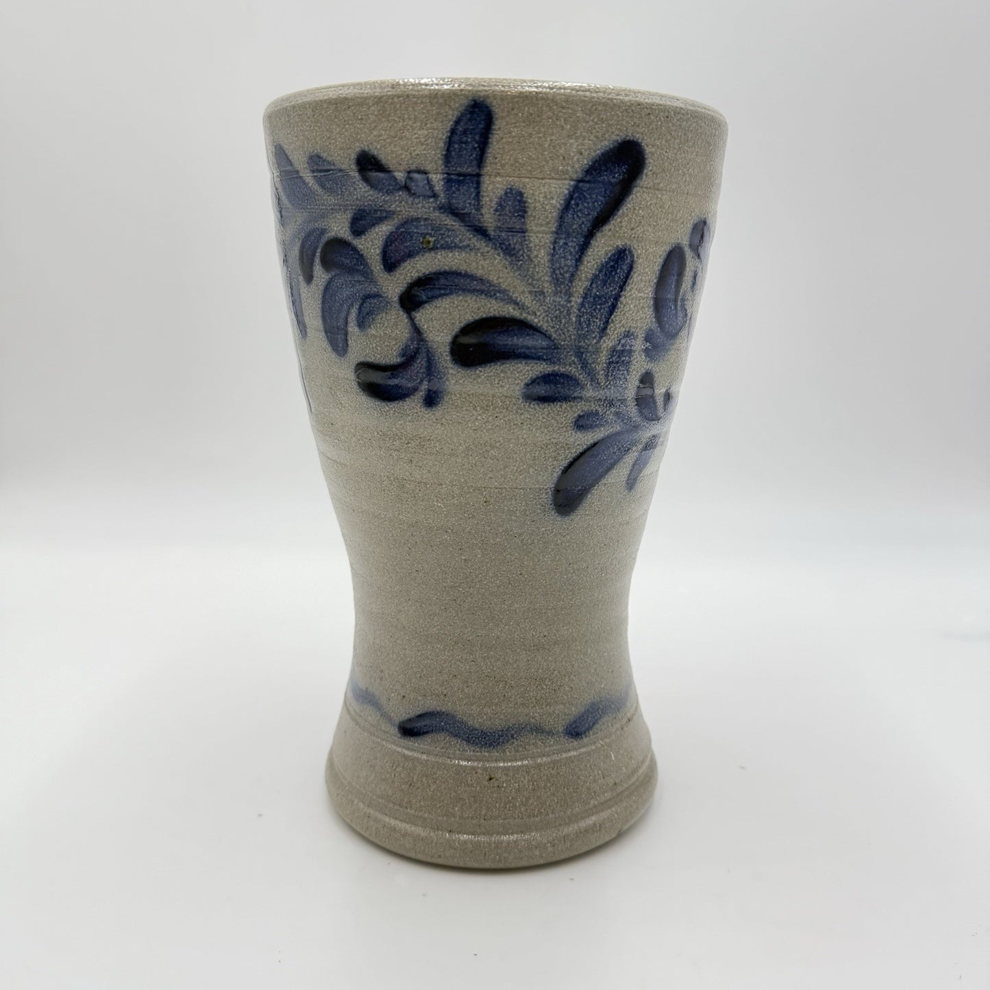 1995 Rowe Pottery Works Stoneware Blue Leaves  Design Salt Glaze Flower Vase 9”