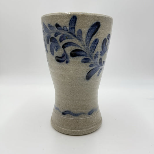 1995 Rowe Pottery Works Stoneware Blue Leaves  Design Salt Glaze Flower Vase 9”