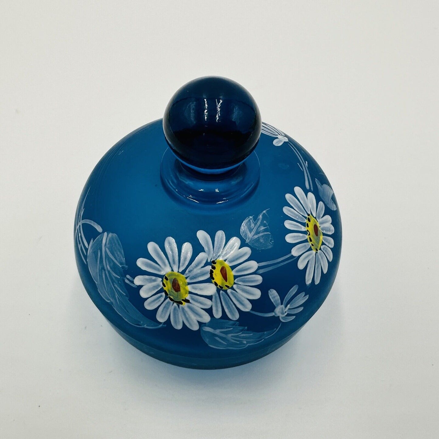 Westmoreland Vanity Dish Blue Satin Glass Lidded Trinket Hand Painted Daisies