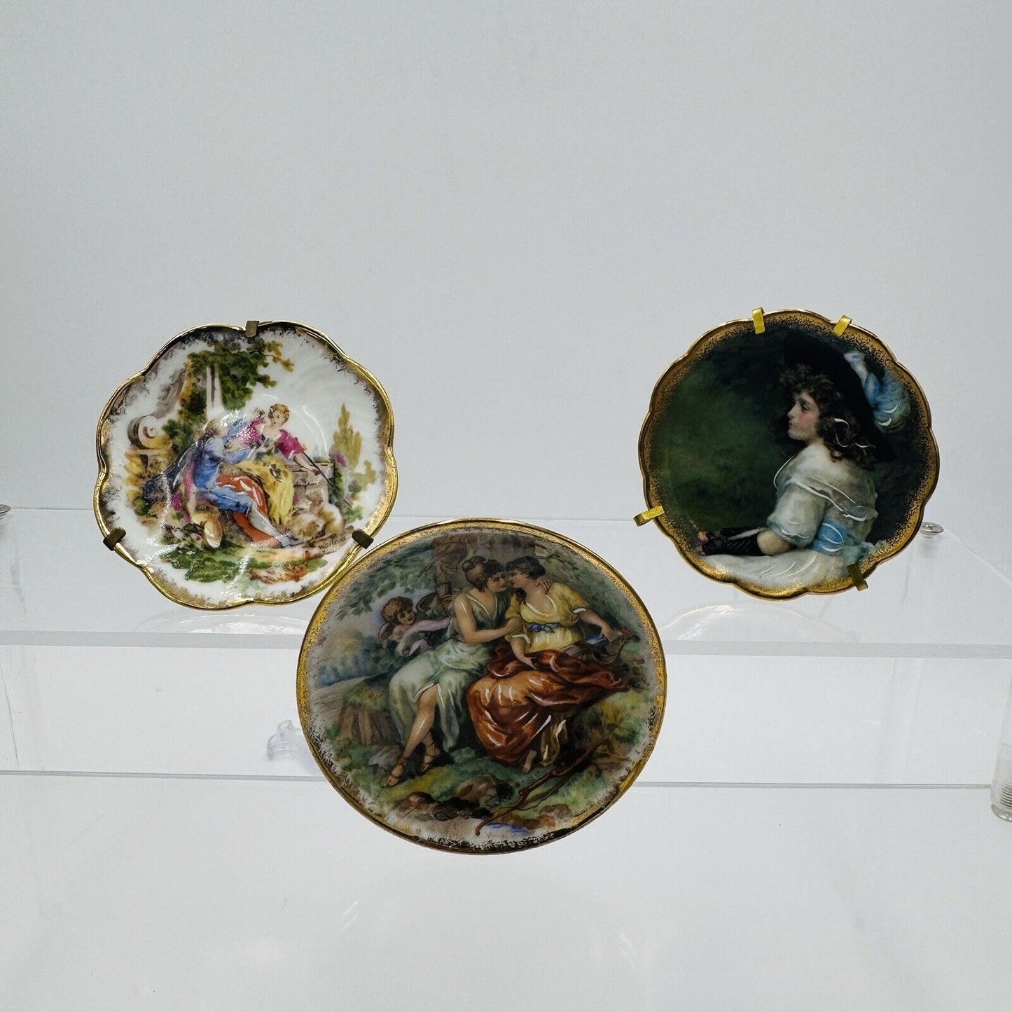 Limoges France Porcelain Painted Miniatures Plates 3.5” Portraits Romantic 3 Pcs