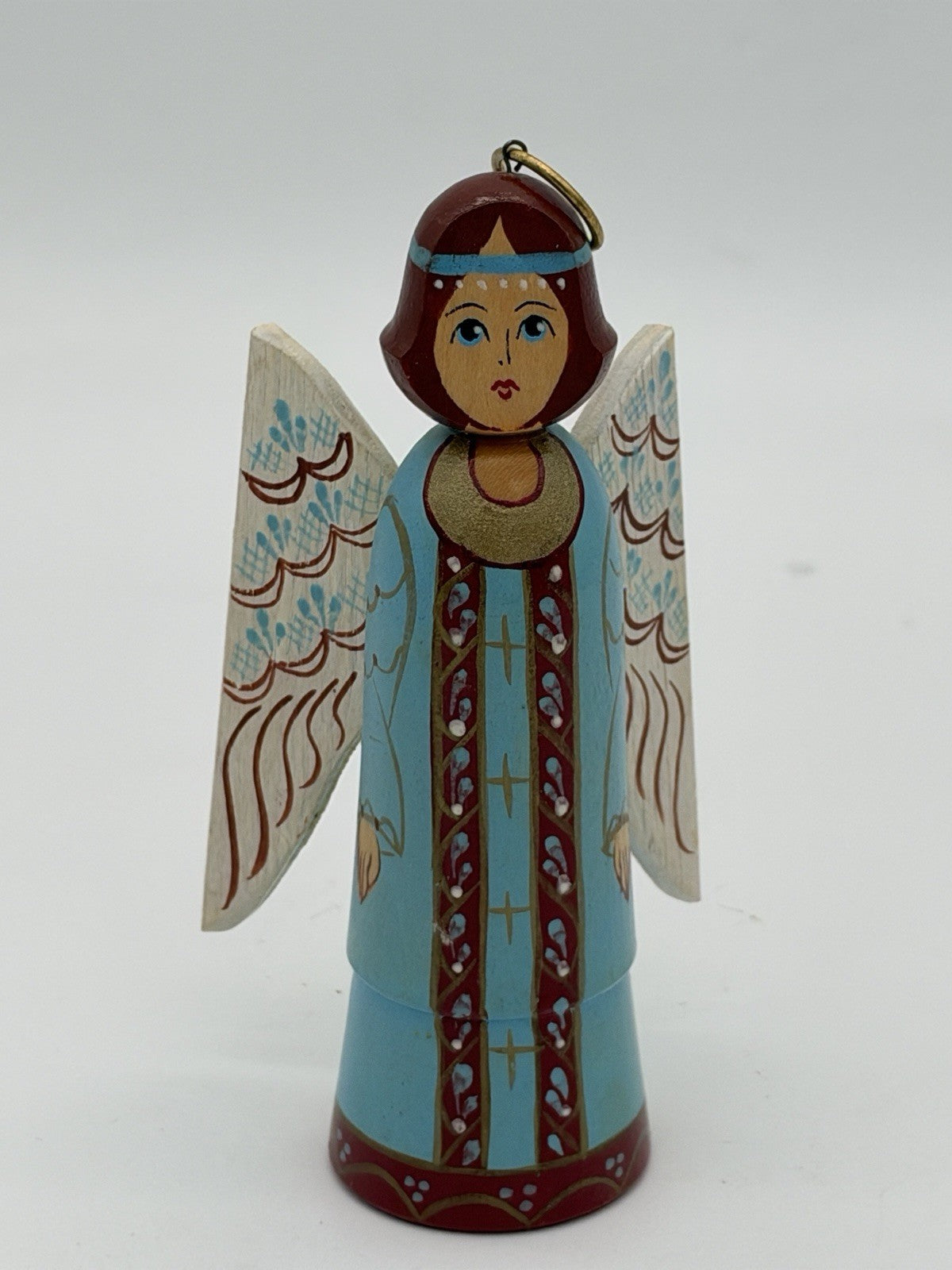 Vintage Folk Art 1998 Wood Carved Angel Christmas Ornament USRR
