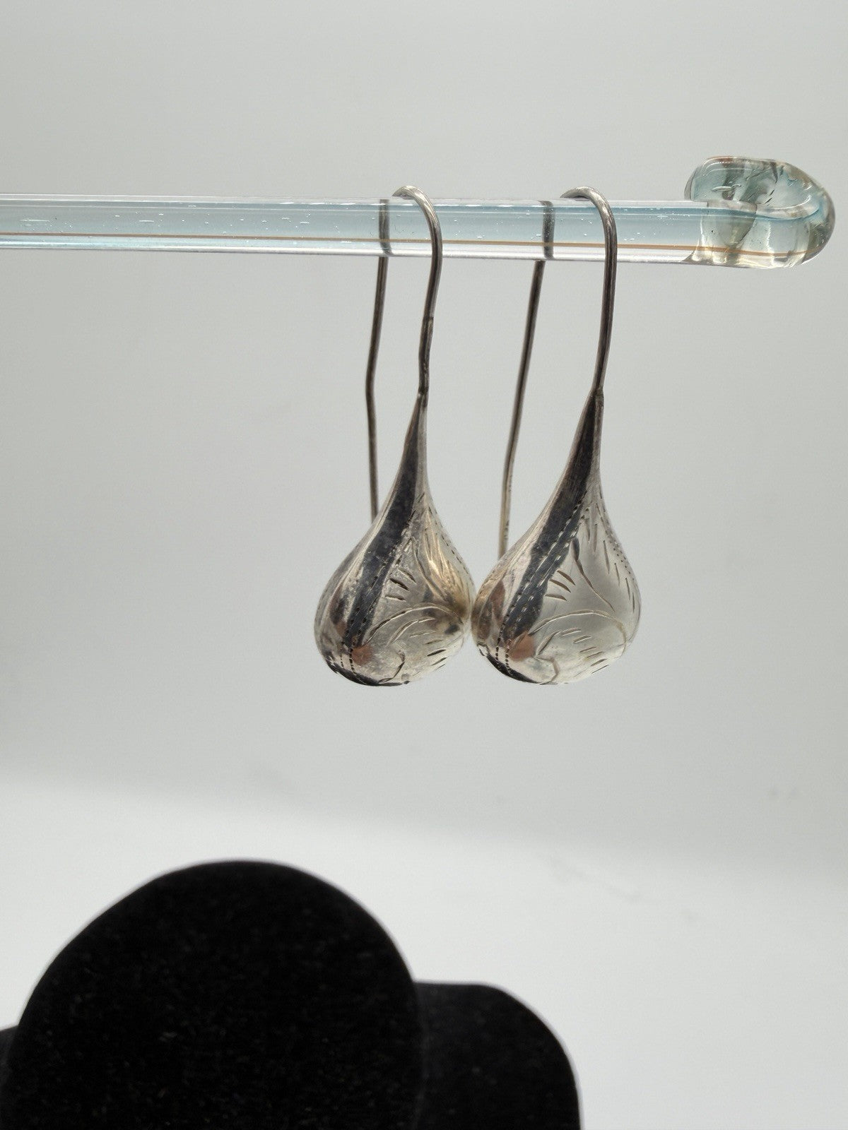 Sterling Silver Earrings Etched Leaf Feather Puffed Teardrop Raindrop Threader