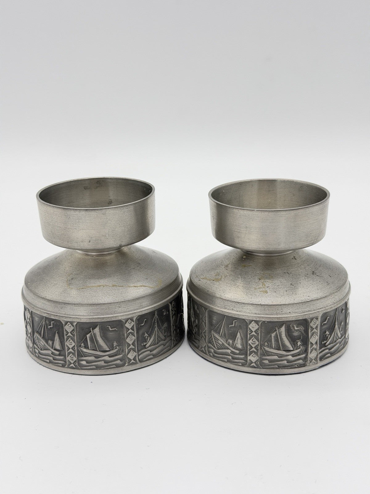 Selandia Norway Pewter Short Candlestick 1960’s Nautical Sailing Boat 2.5”H Pair