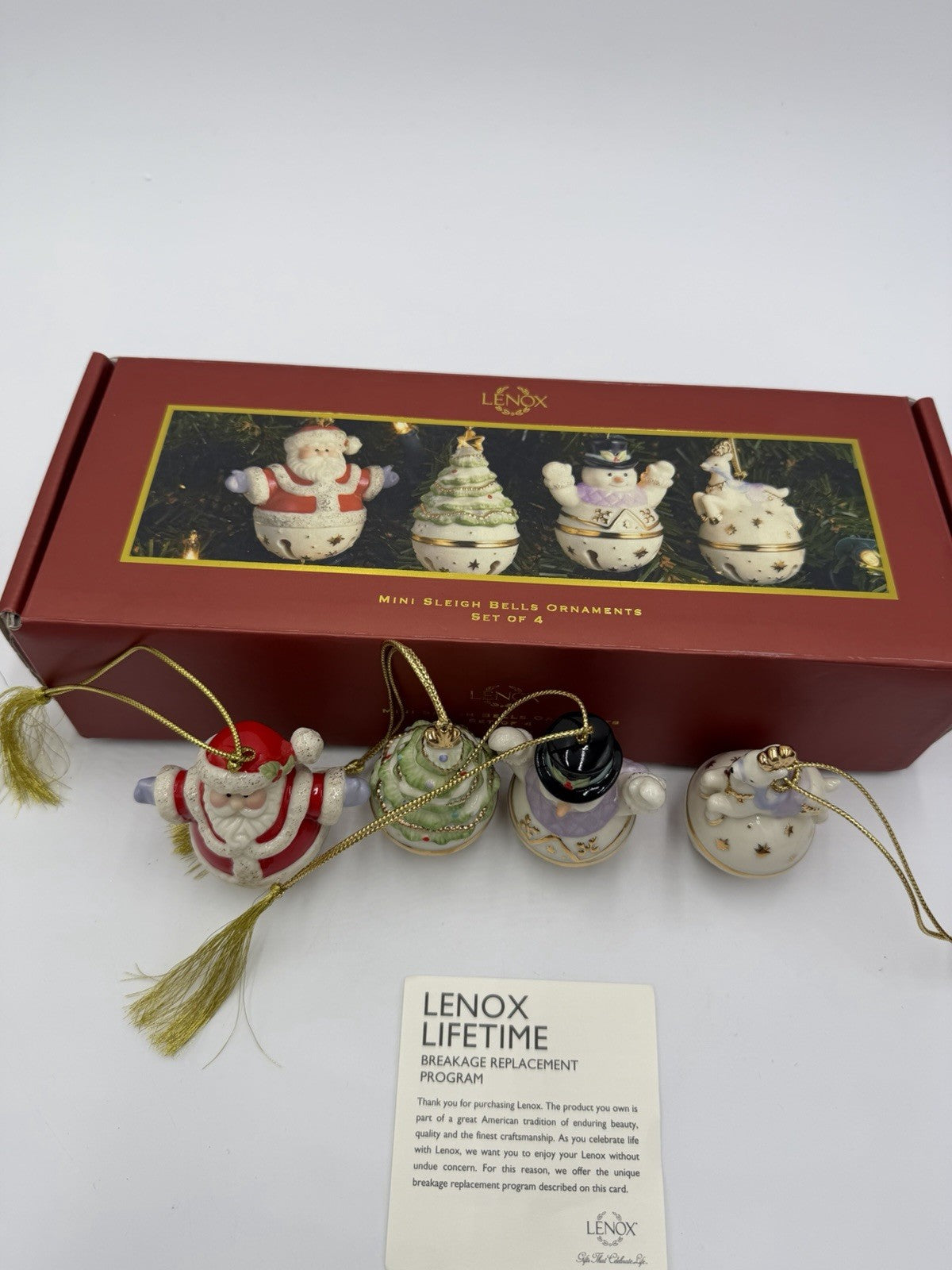 Lenox Porcelain USA Mini Sleigh Bells Ornaments Set Of 4 Reindeer Santa Snowman