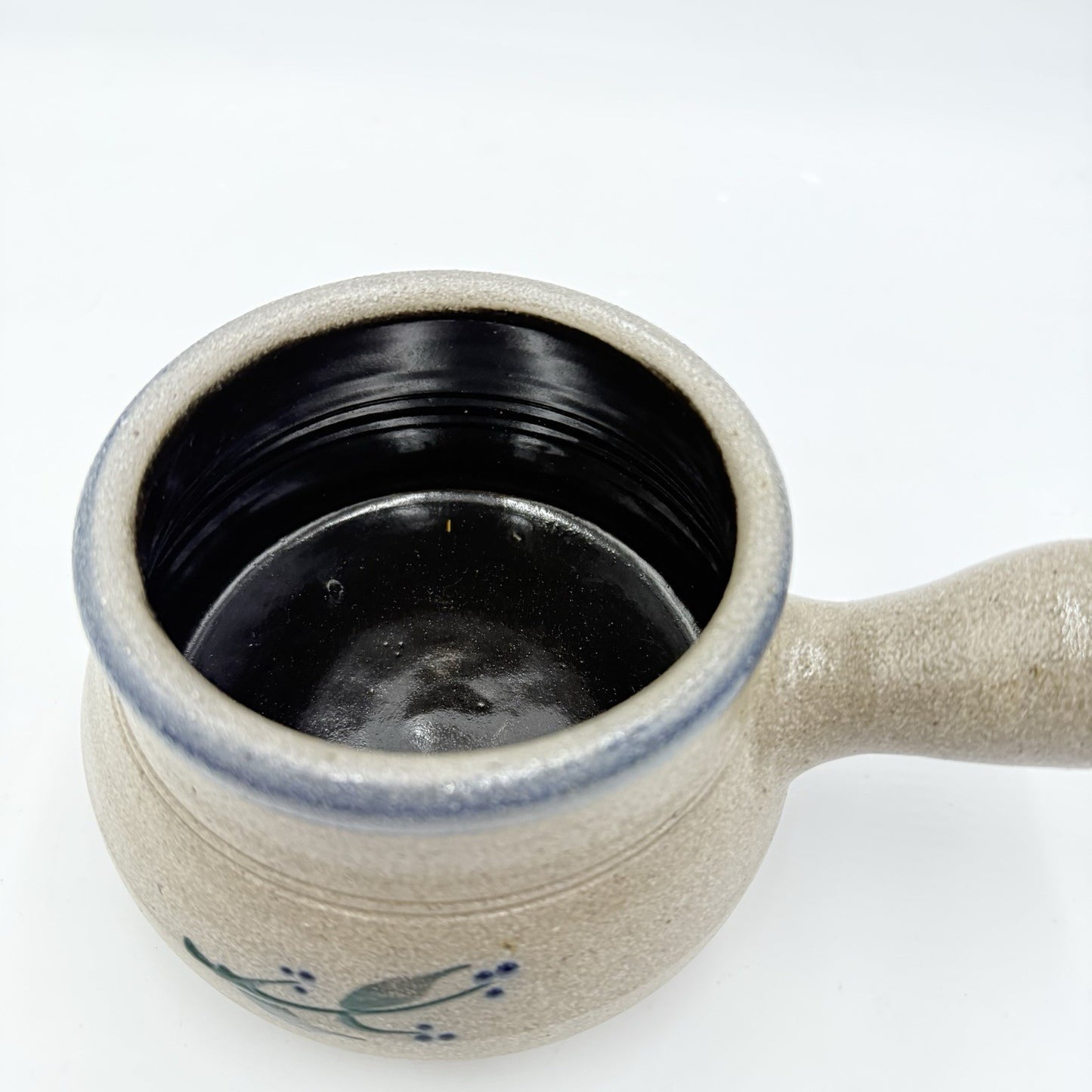 Rowe Pottery Works Salt Glazed Soup Crock Bowl Salt Glaze Blue Floral Design 9in