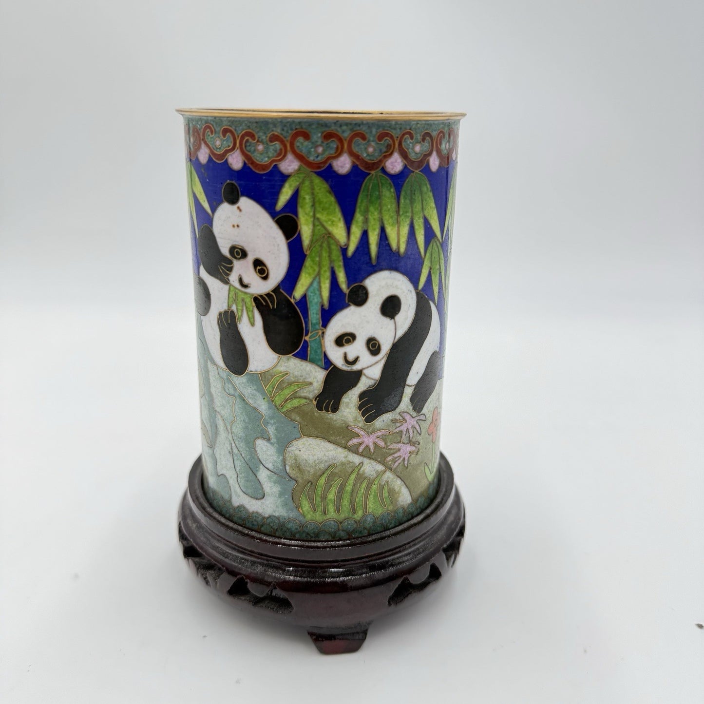 Rare Cloisone Enameled Chinese Panda Bear Bamboo Floral Vase 5.5”